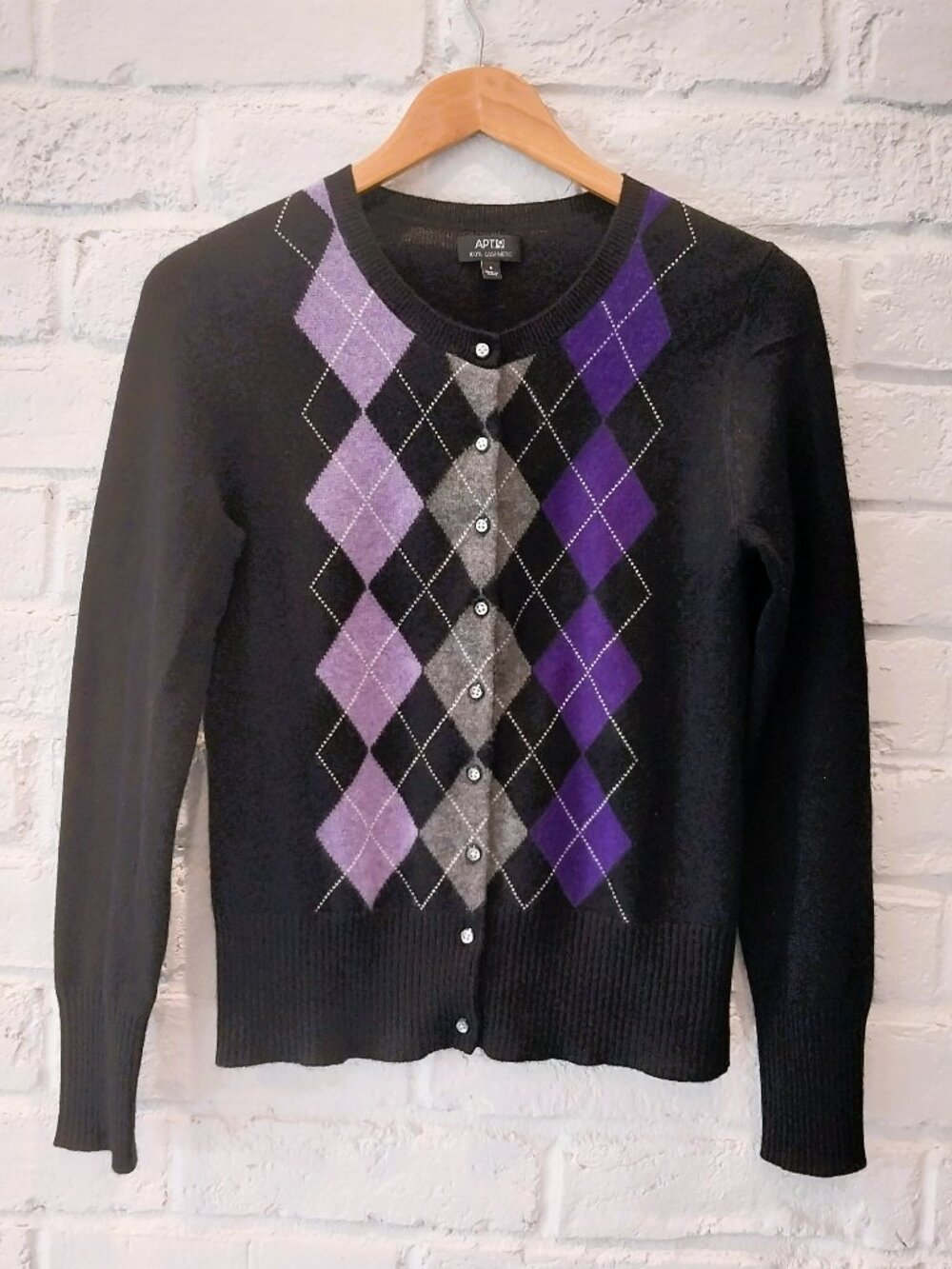 100% Cashmere Cardigan Sweater Womens Small Black Purple Argyle Diamond by Apt 9